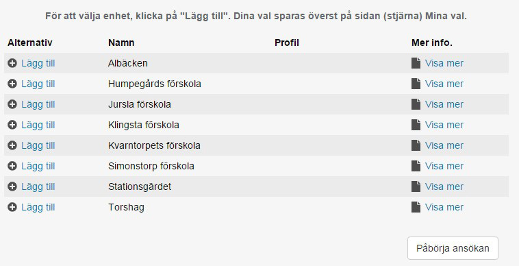 Steg 3 - Välj förskola Ditt urval visas längst ner på samma sida. Klicka på Lägg till för att välja en förskola. Du kan välja flera förskolor. Du får stå i kö till max 3 förskolor.