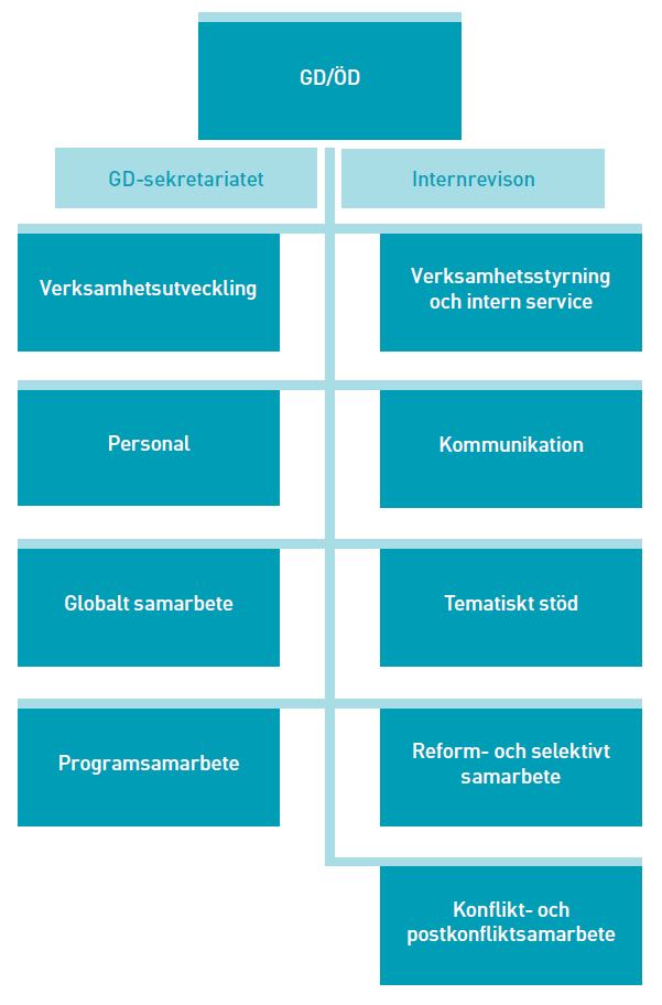 DETTA HAR HÄNT SEDAN ESV:S RAPPORT I APRIL 2010 Bild 1: Sidas organisationsschema för nya organisationen Syftet med den nya organisationen är, enligt Sida, att möjliggöra en ny ledningskultur och ett