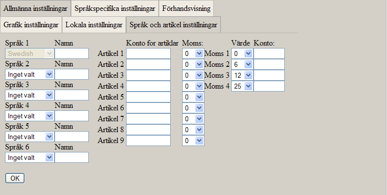 På fliken Lokala inställningar skriver man in kontaktinformation om församlingen. Sist på Allmänna inställningar är språk och artikelinställningar.