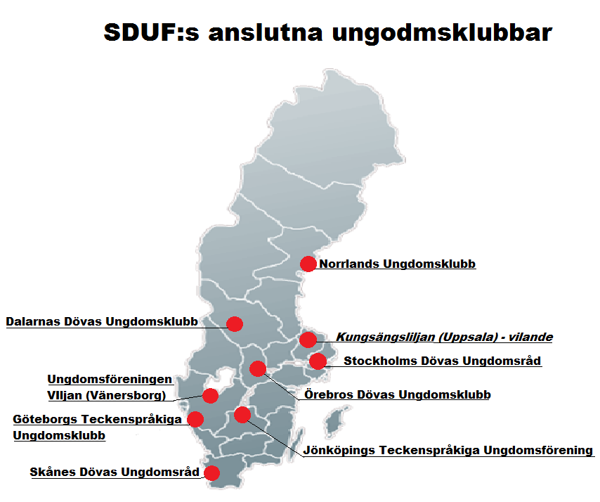 Hur står ungdomsklubbarna och SDUF i relation? SDUF står för Sveriges Dövas Ungdomsförbund och jobbar för hela Sverige. Alla ungdomsklubbar är lokala och jobbar för sin stad/område.