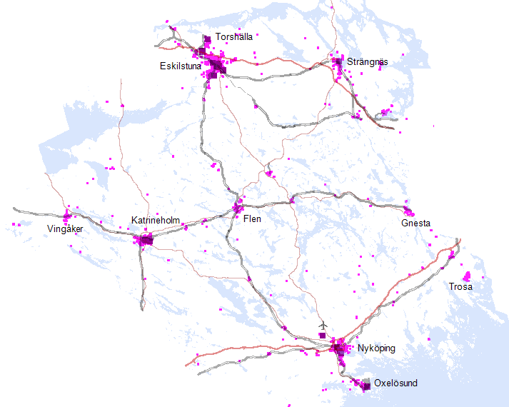 De flesta arbetsplatserna i länet finns tydligt koncentrerade kring de största orterna.