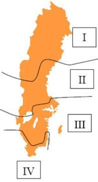 2.5 Klimatzoner I Sverige finns det fyra klimatzoner där de benämns med romerska siffror: zon I, II, III och IV, se Figur 2.2. Då Sverige är ett avlångt land med olika klimatförhållanden används dessa zoner för att kunna anpassa kravnivåerna utifrån var i landet bostaden uppförs.