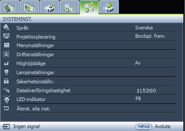 Använda menyerna Projektorn är utrustad med skärmmenyer för inställning och justering. Nedan visas en översikt av skärmmenyn.