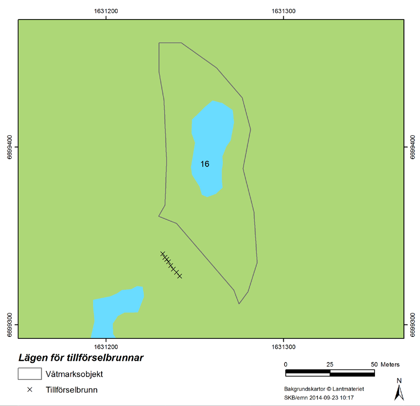 Figur 5-1. Översiktskarta som indikerar läget sydväst om gölen i våtmarken där spridningsledningen var placerad under tillförselförsöket.