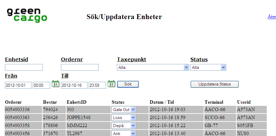 Manual Terminalhantering Green Cargo Användarhandledning 5.0 17 (19) 8 Söka historiska eller uppdatera enheter (endast Kundservice) GC Det är möjligt att söka efter en historisk enhet.