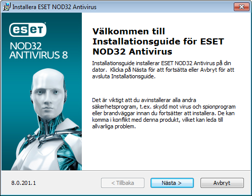 Installation Starta installationen Du kan starta installationsguiden på ett av följande sätt: ESET NOD32 Antivirus innehåller komponenter som kan komma i konflikt med andra antivirusprodukter eller