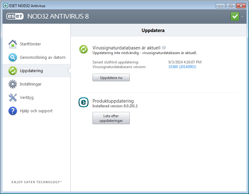 Uppdatering ESET NOD32 Antivirus levereras med en fördefinierad uppgift för att säkerställa regelbundna uppdateringar (se avsnittet Schemaläggare i produkthandboken).