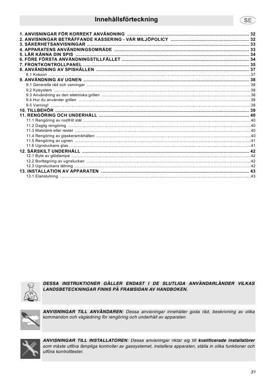 etc). Detaljerade användarinstruktioner finns i bruksanvisningen Instruktionsbok SMEG CX66EMS5 Manual SMEG CX66EMS5 Bruksanvisning