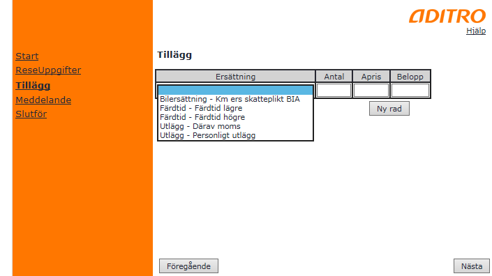 Välj orsak under Förrättning och fyll i datum, ort, ändamål och antal kilometer. Nu är du klar med Km- ersättningen och du ska inte registrera detta en gång till i nästa moment. Välj Nästa. OBS!