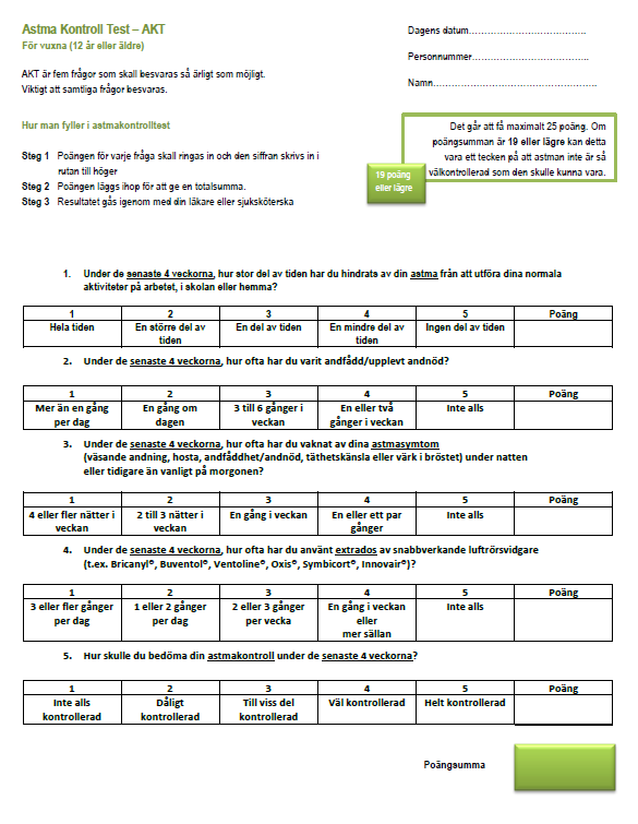 ACT Asthma Control Test Standardiserat och kvalitetssäkrat Patienten skattar symtom och ev påverkan på