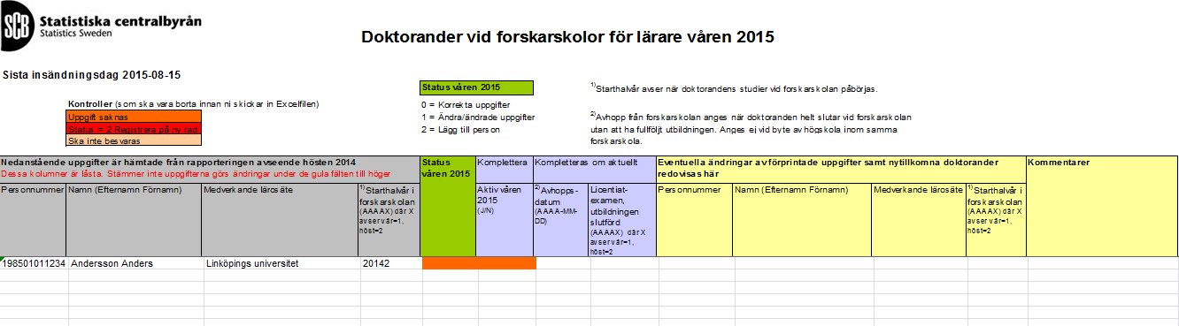 6. Fyll i blanketten Öppna Excelfilen som du sparat ner på din dator och fyll i de efterfrågade uppgifterna.