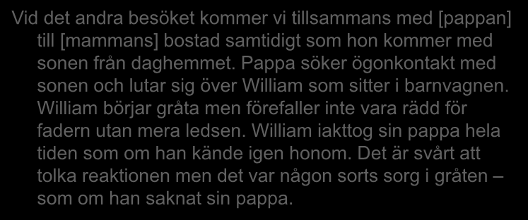 Tolkning av observationer av barn (Sundhall) Små barn får inga frågor, men observeras Alla barn beskrivs som trygga, glada, nyfikna och icke-rädda barn Vid det andra besöket kommer vi tillsammans med