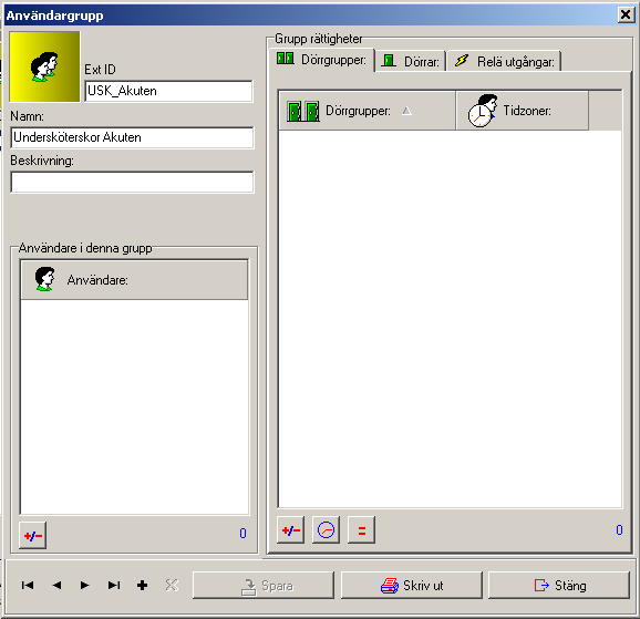 2. Användargrupper a. Öppna Användargrupper, tryck på ny Nedanstående vy öppnas Bild 2.1 b. Namnge gruppen c. Ge gruppen ett unikt ID, fyll i detta i rutan Ext ID (om Ext ID är aktiverat) d.