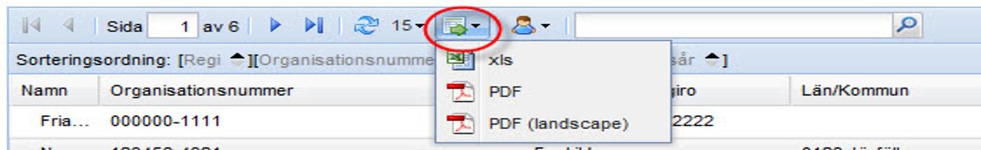 Exportera till Excel eller PDF Genom att klicka på den gröna pilen finns det möjlighet att exportera det aktuella listformatet till en Excel-fil eller en PDF-fil.