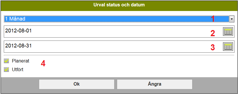 Behandlingar Väljer du att klicka på någon typ på översiktssidan visas en lista med alla fält det aktuella skördeåret. 1 Period. Här ser du vilken period som fält registreringar visas i.