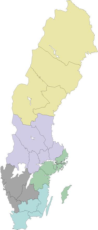 Region Nord (Norrbottens, Västerbottens, Jämtlands och Västernorrlands län) Region Mitt (Värmlands, Dalarnas, Gävleborgs, Västmanlands, Örebro, och Uppsala län) Region Öst (Stockholms,