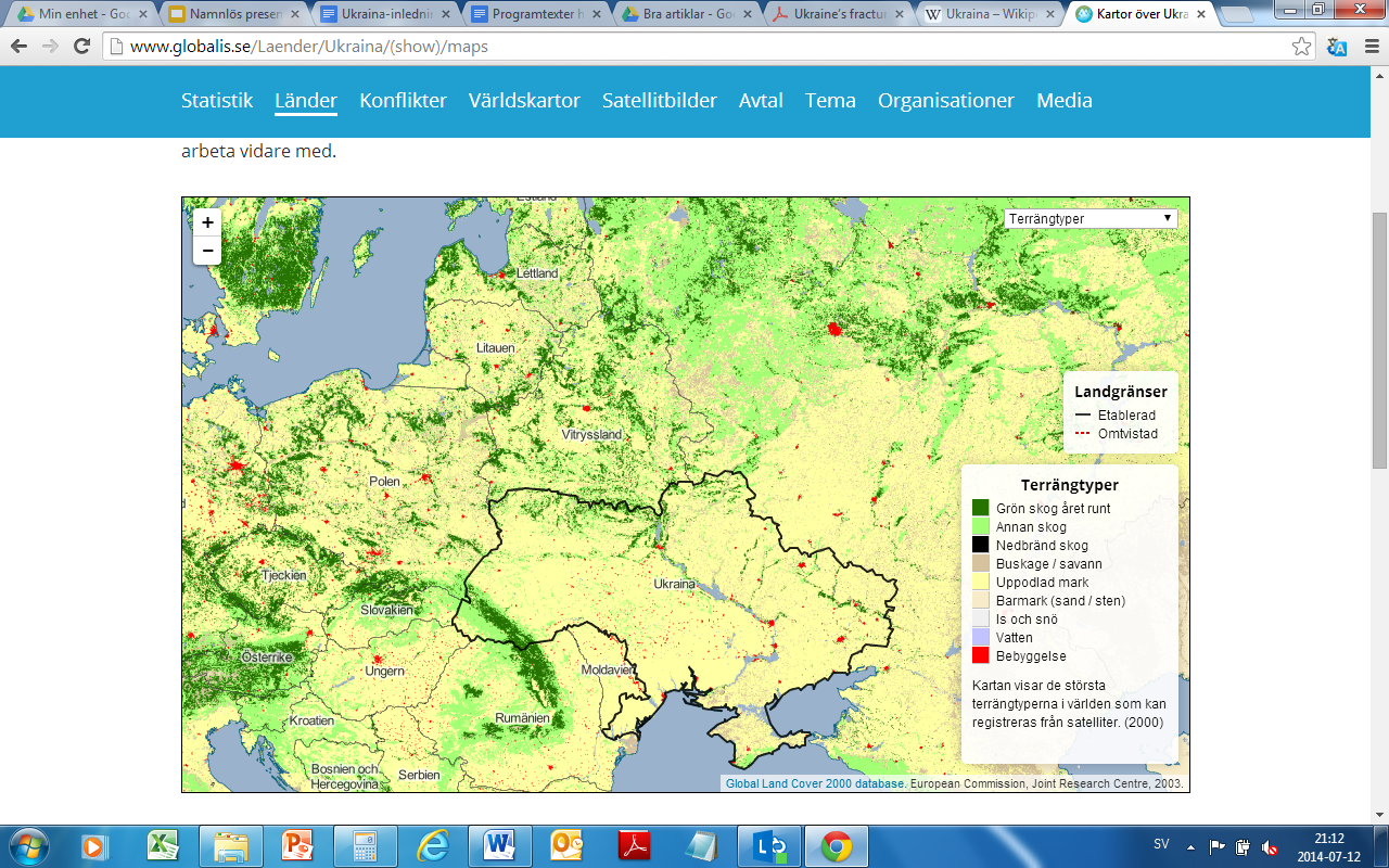 Ukraina - delat land, bricka i stormakters spel Inledning på Tankarnas trädgård 31augusti 2014 Pål Karlsson Delat land Geografi, demografi, språk Terrängtyper. Gult är odlad jord, grönt ärskog.