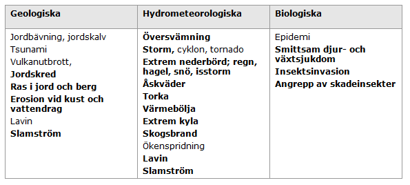 Naturhändelser - huvudgrupper Källa: Living with Risk, A global