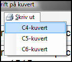 Utskrift på kuvert Med kortkommando Ctrl+U eller via textmenyns Övrigt, Utskrift på kuvert öppnas följande fönster: Här får du en lista med sparade adresser.