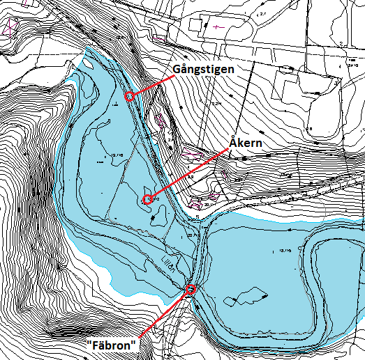 Härefter avvägdes en å höger strand nedströms Fäbron mellan gångstigen och ån belägen åker under Vessige Klockarebol.