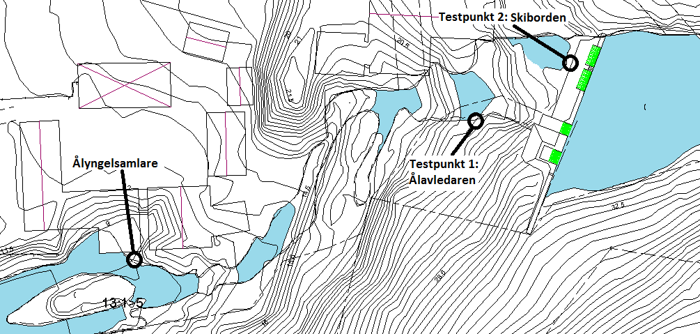 Antal Flöde, temp Figur 9: Ålyngelsamlaren står ett stycke från avloppskanalens vänstra strand. Under sommaren 2011 placerades en samlare vid dammbyggnaden vid punkt 1.