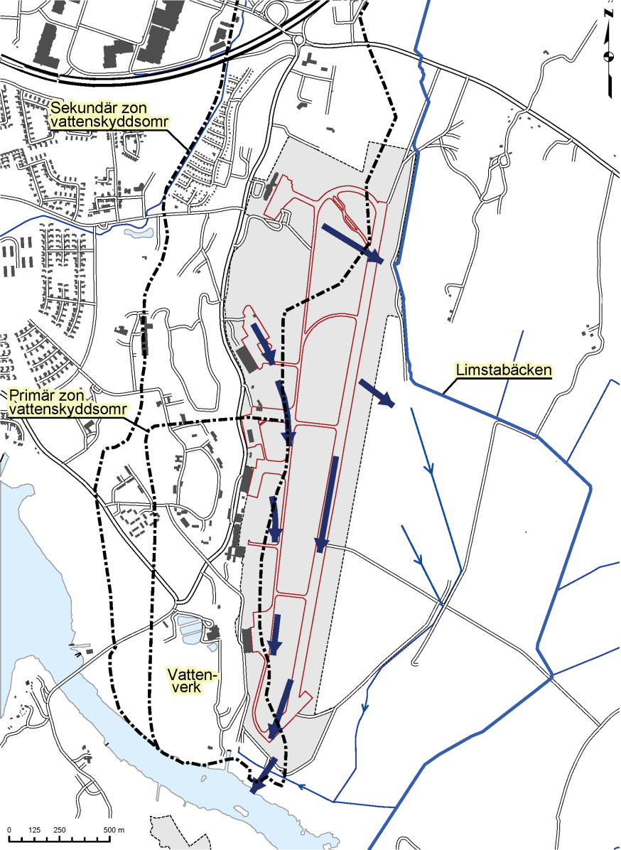 8.3. Utsläpp till mark och vatten Mark- och vattenförhållanden Flygplatsen ligger på en platå av lerjord precis öster om isälvsavlagringen Badelundaåsen.