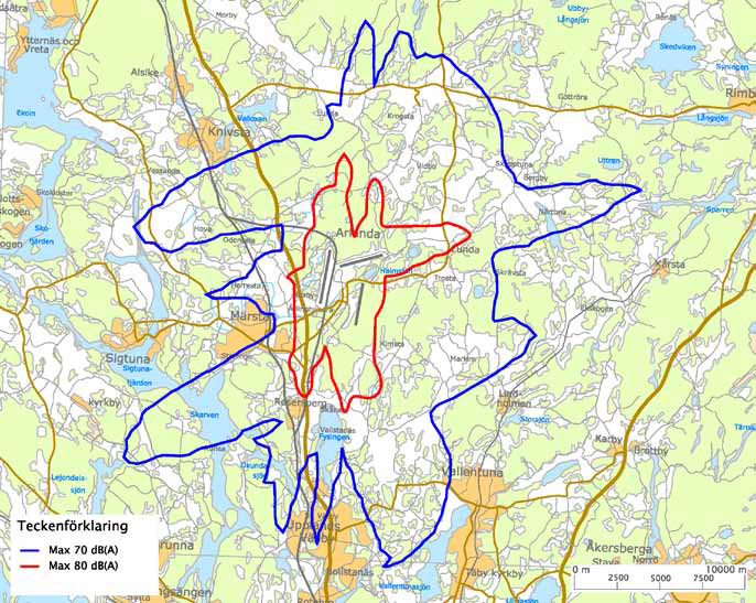 Uppdrag nr. 15U28486 Sida 4 (9) Maxnivå-kurvor där Blå kurva är Max 70 dba och röd kurva max 80 dba.