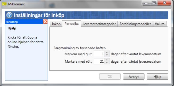 23. Inställningar: Under knappen inställningar kan du ställa in hur många dagar efter planerad leverans som cellen för väntat leveransdatum ska gul- eller rödmarkeras för att uppmärksamma dig på att