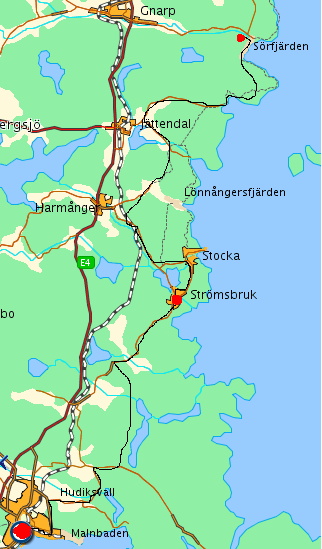 Dag 1. Avresa från Ok södra norrut södra vägen..höger efter Hudiksvalls kyrka ner mot Möljen.. Hamngatan österut..vänster vid Ok öster..höger mot Sörskogen och fram till Fiskeby.