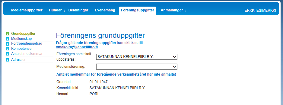Finska Kennelklubben 8.9.2014 3(10) Allmänt För kenneldistriktens representanter som har rätt att uppdatera föreningars uppgifter syns i menyn till vänster valet Adresser.