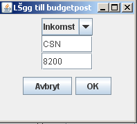 För att kunna hantera kassaboken och t.ex. registrera nya händelser måste det finnas budgetposter som skapas genom menyvalet "Budget Lägg till budgetpost".