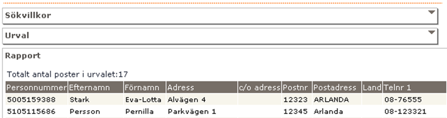 3 (30) När du under respektive meny har skapat en rapport och vill göra ett annat urval eller ett annat sökvillkor, klicka på pilen vid Urval och/eller Sökvillkor och du kommer tillbaka till bilden