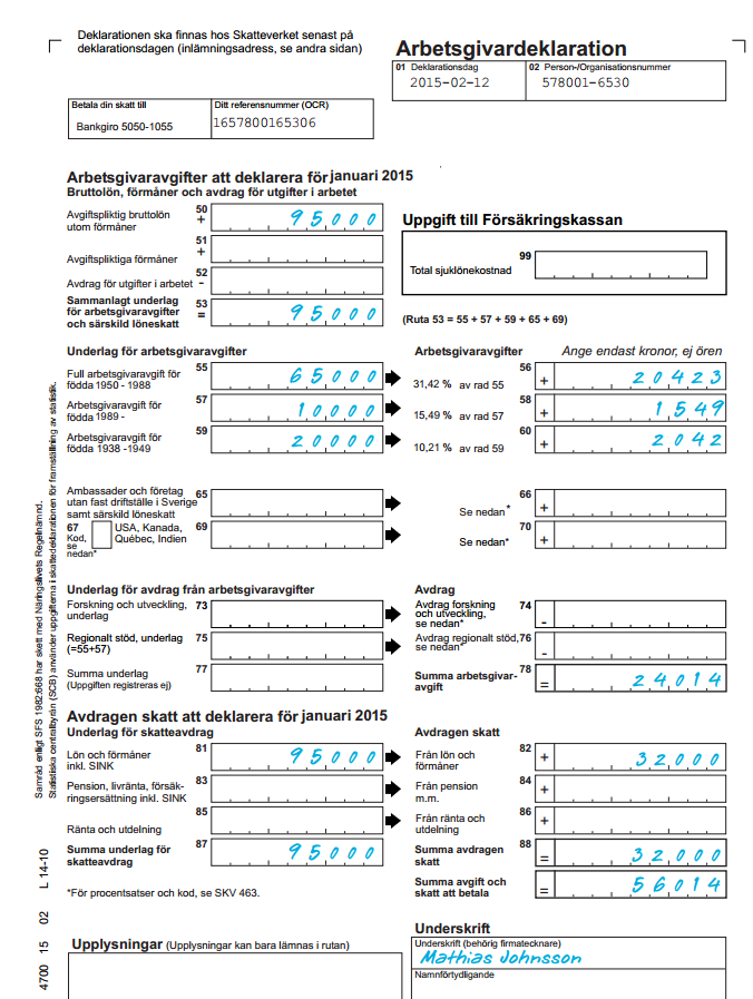 Arbetsgivardeklaration Antal % anges i deklarationen 31,42 % Lagstadgade arbetsgivaravgifter Betalas den 12:e varje månad Redovisning Betalning