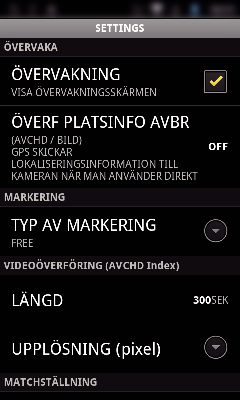 Att använda Wi-Fi Inställningar för smartphone-applikation Man kan ändra inställningarna för smartphone-applikationerna o Vanlig för Android och ios 1 Tryck på Q 0 Tryck på AVBRYT för att ångra 8
