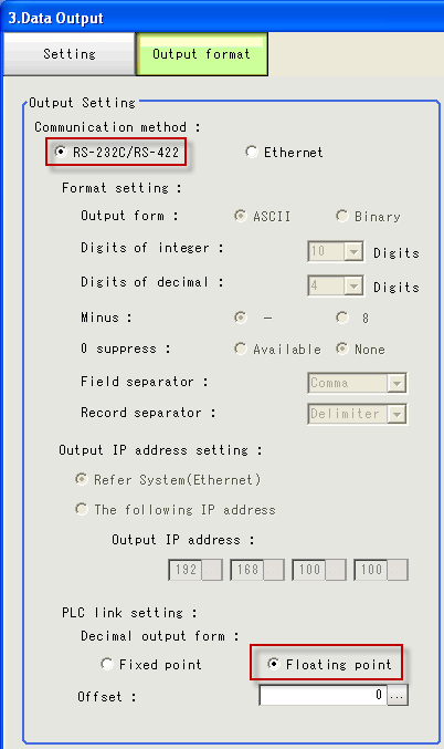 3. Under fliken Output format ställs kommunikationsformatet in för vilken typ av utgång som skall användas. Ethernet eller RS-232C/422. I detta exemplet är RS-232C/422 och Floating point inställt.