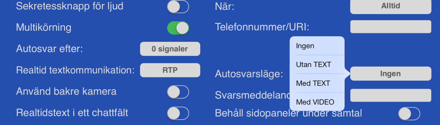 20. Inställningar > Samtal > Autosvarsläge Autosvar efter: Välj hur många ringsignaler du vill ha innan autosvar, 0 till 9 ringsignaler.