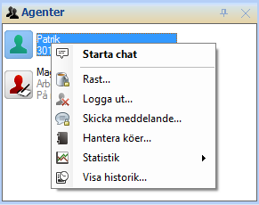 9 3.3 Agenter I fönstret Agenter ser du övriga medlemmar i de köer som du är medlem i. Här ser du också vilken status övriga medlemmar har, d.v.s. om de är upptagna med ett ärende, är på rast o.