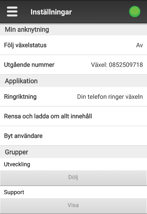 Inställningar På inställningssidan kan man ställa in om ens aktuella anknytning skall följa växelns status eller inte, ange ringriktning, aktivera/avaktivera eventuella MEX-anknytningar, samt