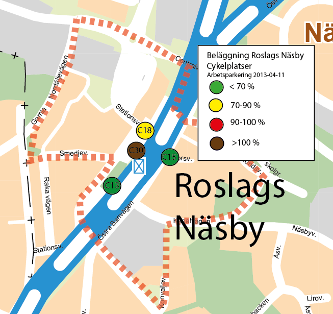 ARBETSPARKERING CYKEL Roslags Näsby Beläggning Nedan visas beläggningen vid inventering av arbetsparkering i Roslags Näsby 2013-04-11.