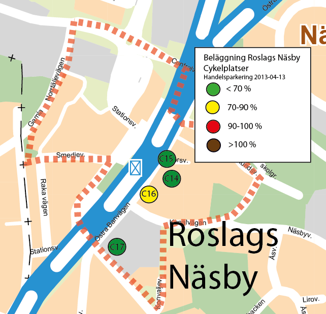 HANDELSPARKERING CYKEL Roslags Näsby Beläggning Nedan visas beläggningen vid inventering avhandelsparkering i Roslags Näsby 2013-04-13 och 2013-04-27.