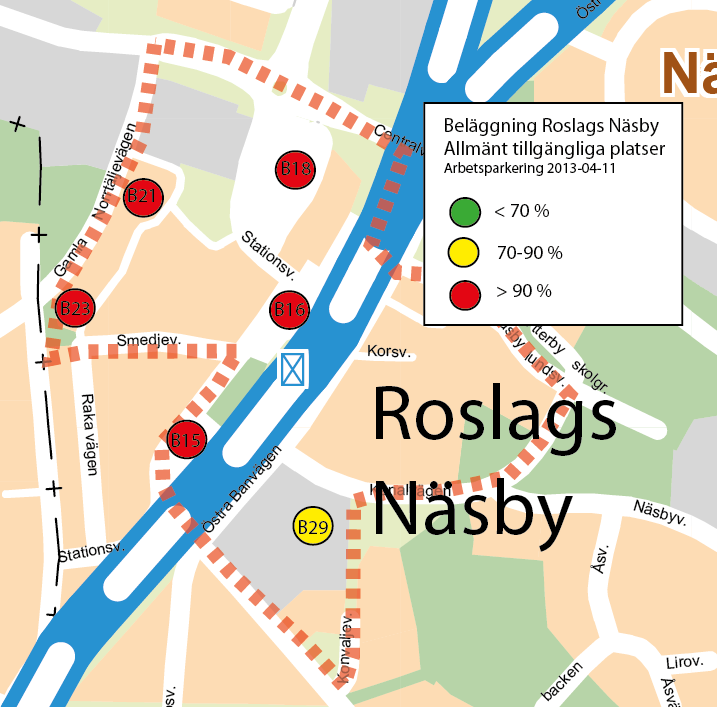ARBETSPARKERING BIL Roslags Näsby Beläggning allmänt tillgängliga platser All allmänt tillgänglig parkering i Roslags Näsby som används som arbets- och infartsparkering var i princip fullbelagd då de