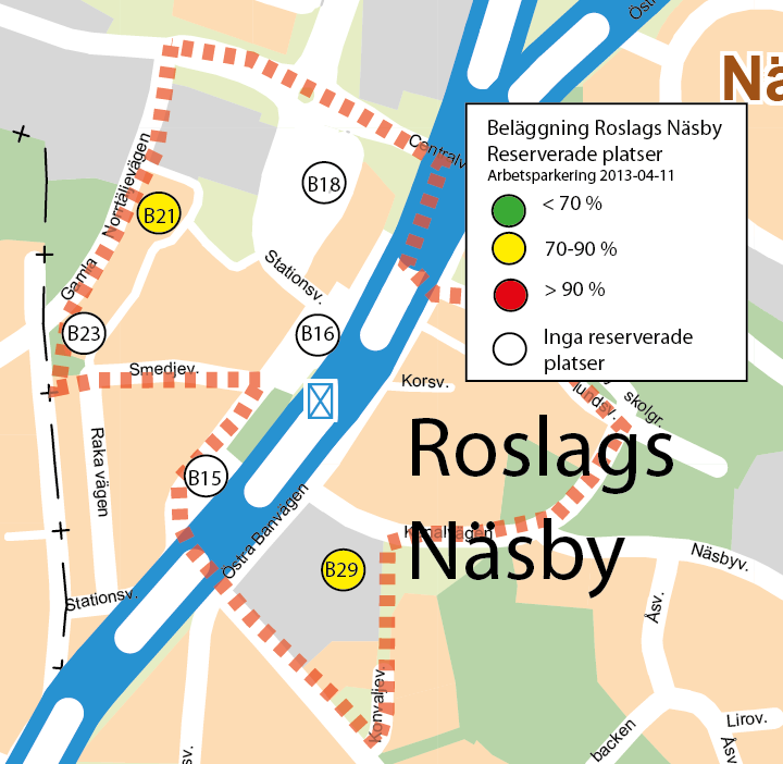 ARBETSPARKERING BIL Roslags Näsby Beläggning reserverade platser Beläggningen på de reserverade platserna (öster om järnvägen och i anslutning till kommunhuset) är något lägre