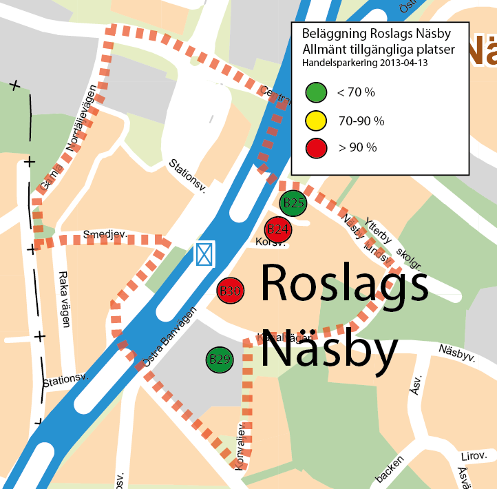 HANDELSPARKERING BIL Roslags Näsby Beläggning allmänt tillgängliga platser BIL Beläggningen på de parkeringsplatser i Roslags Näsby som är lokaliserade i anslutning till handeln varierar.