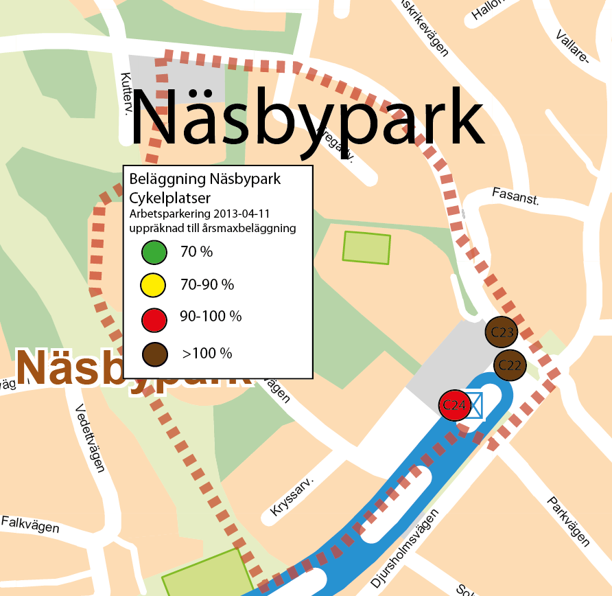 Nedan visas beläggningen vid inventering av arbetsparkering i Näsbypark 2013-04-11