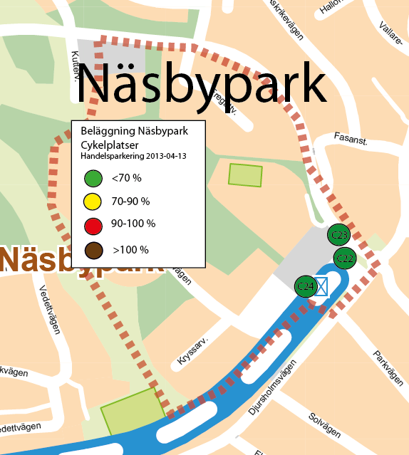 HANDELSPARKERING CYKEL Näsbypark Beläggning Näsbypark Under helgerna då parkeringen i huvudsak används för handel är beläggningen låg.