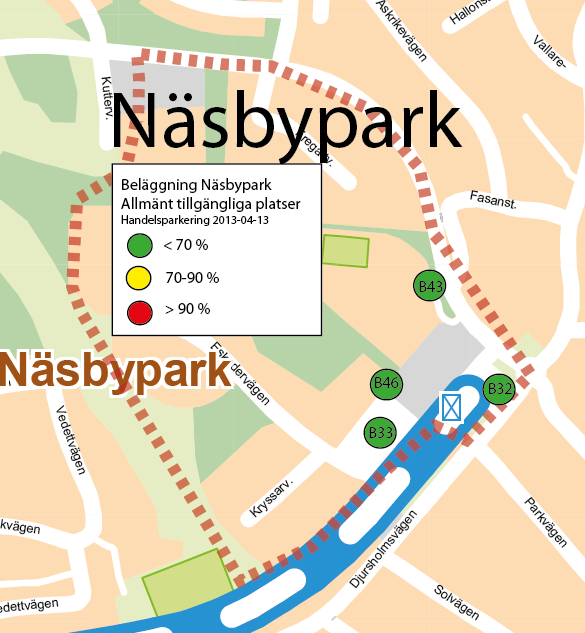 HANDELSPARKERING BIL Näsbypark Beläggning allmänt tillgängliga platser All parkeringen som ligger i anslutning till handeln i Näsbypark området har gott om ledig kapacitet
