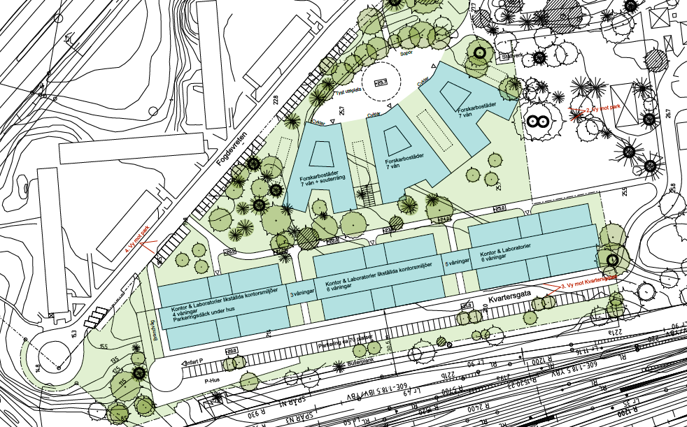 11 (39) forskningslokalerna planeras för tre bostadshus i 7 våningar med sammanlagt 418 lägenheter. Totala ytan för bostäderna är ca 16450 kvm.