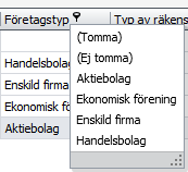 Tratten att välja ut ett visst värde i en kolumn När musen hålls över ett kolumnnamn visas en liten tratt. Genom att trycka på denna visas alla värden som finns i kolumnen.