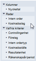 1.2 Övriga ekonomirapporter 1.2.1 Uppföljning av interna order Med rapporten uppföljning av interna order kan du följa upp de interna ordrarna och också avläsa planen för dem.