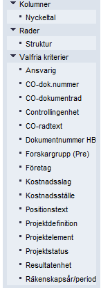 Fria kriterier Ansvarig= proj ledaren Kostnadsslag= bokf konto Projektstatus=öppet proj eller avsl Räkenskapsperiod/år =uppföljn på månadsbasis I denna rapport finns en hel del variabler som inte är